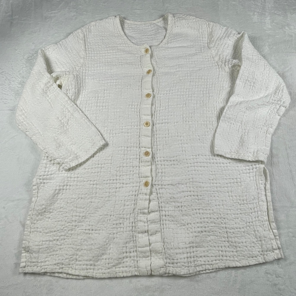 FLAX White 100% Linen Crinkle Textured Button Front Tunic Cardigan Top Medium